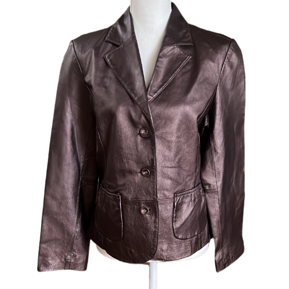 Bernardo Leather Jacket blazer purple liquid shimmer front pockets Large Petite